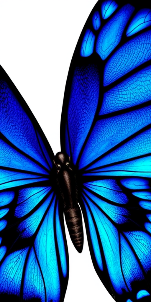 Create an image of a butterfly with vibrant blue wings featuring intricate black patterns. The design should emphasize the detailed texture of the wings, showcasing shades of blue and black. The butterfly should have a symmetrical appearance with a smooth and elegant posture.