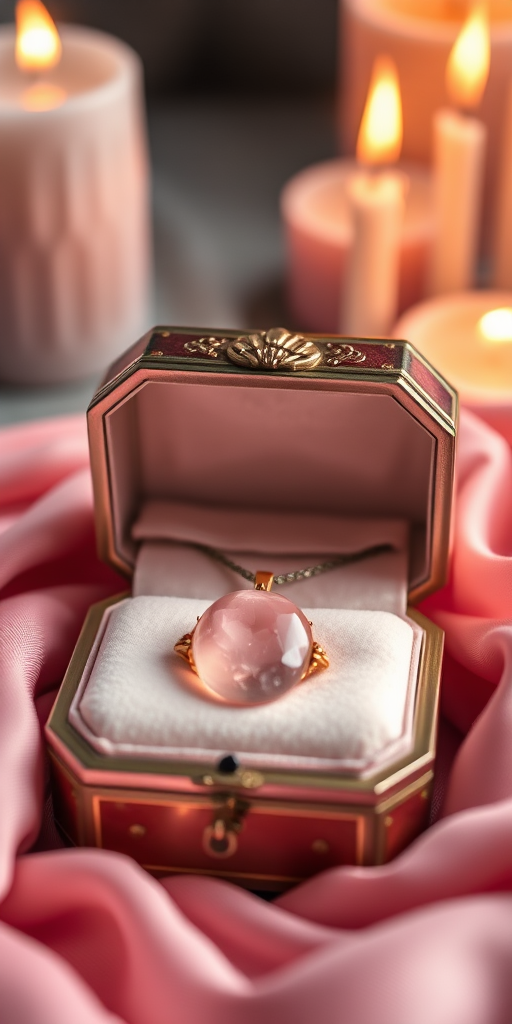capture a close-up image of an elegant jewelry box with a rose quartz necklace inside, surrounded by soft pink fabrics, candles softly glowing in the background, natural light, macro lens, f/2.8 aperture, ISO 200, 50mm lens