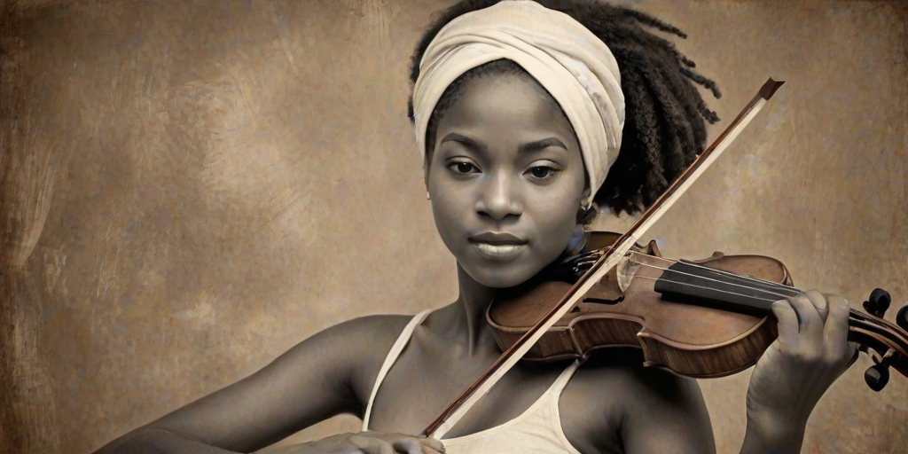 a young Nubian woman with a white headband playing a violin, in the style of a charcoal drawing, sepia grunge background