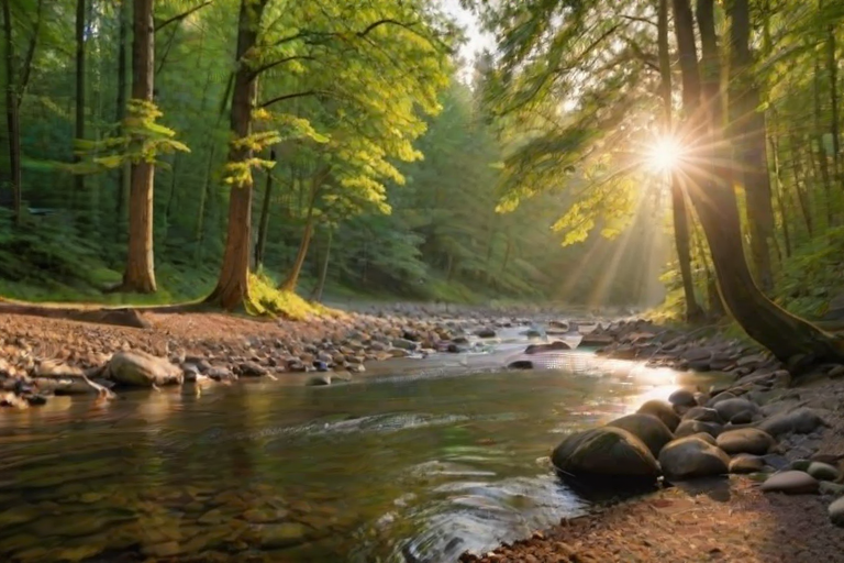 Create an image of a serene, sunlit forest scene with a clear, gently flowing river. Tall trees with lush green foliage line both sides of the river, their leaves bathed in the warm golden light of the setting or rising sun. The sunlight filters through the trees, casting soft, dappled light on the river, which flows over smooth rocks and pebbles, creating a peaceful, natural atmosphere. The sky is bright with a few scattered clouds, and the overall mood is tranquil, evoking a deep sense of connection with nature. The image captures the beauty of a calm, pristine forest landscape at either dawn or dusk.
