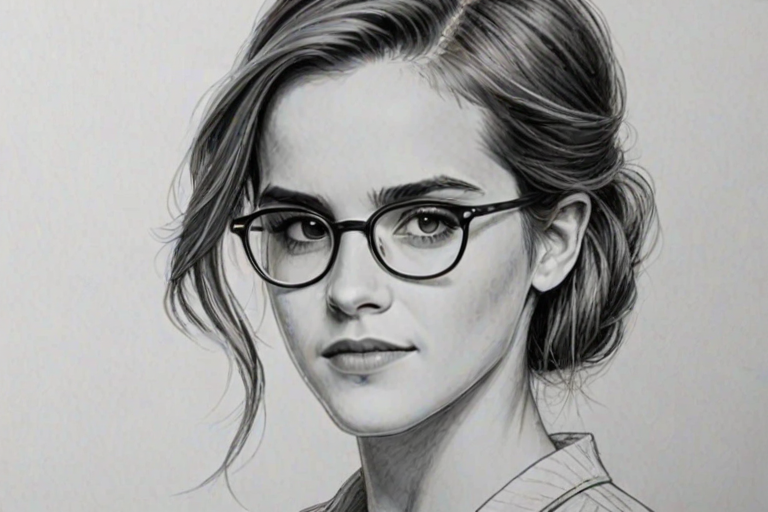 Attractive Emma Watson, pencil sketch, portrait of Attractive woman 1954s in glasses, hair style beatnik, outline, clear lines, fine lines, 8k