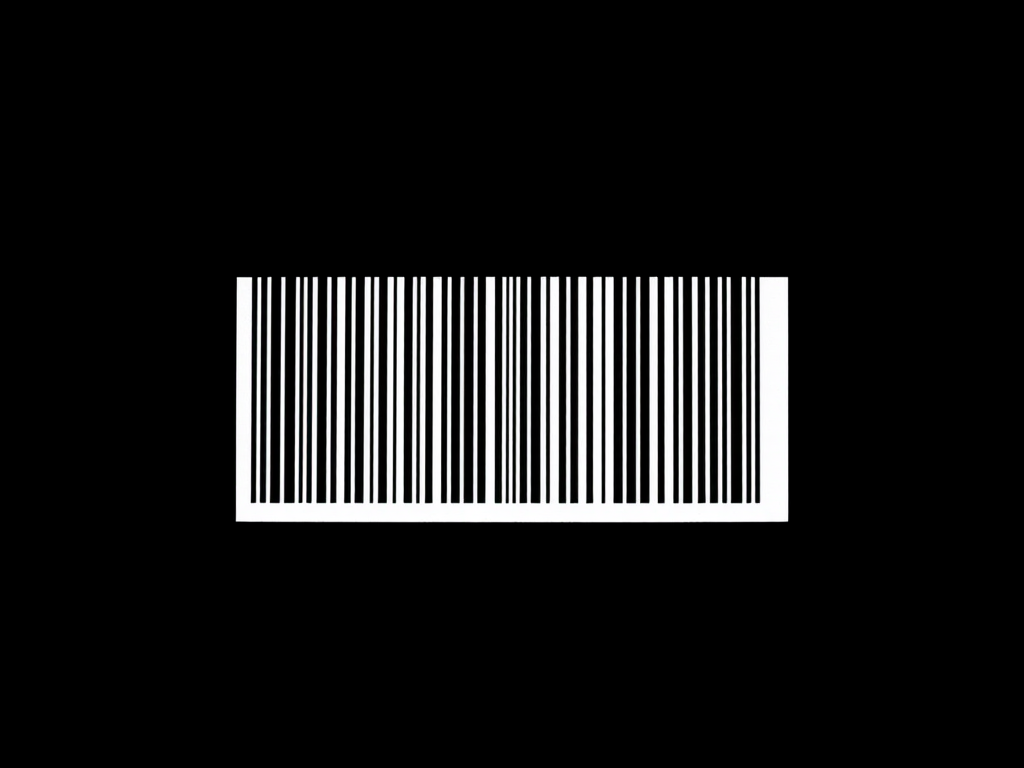 Generate a high-resolution image of a barcode on a plain black background, captured with a Canon EOS 5D Mark IV, using a 50mm lens, aperture set to f/8, shutter speed of 1/125s, ISO 100, taken from a straight-on view with soft lighting to enhance clarity and contrast.