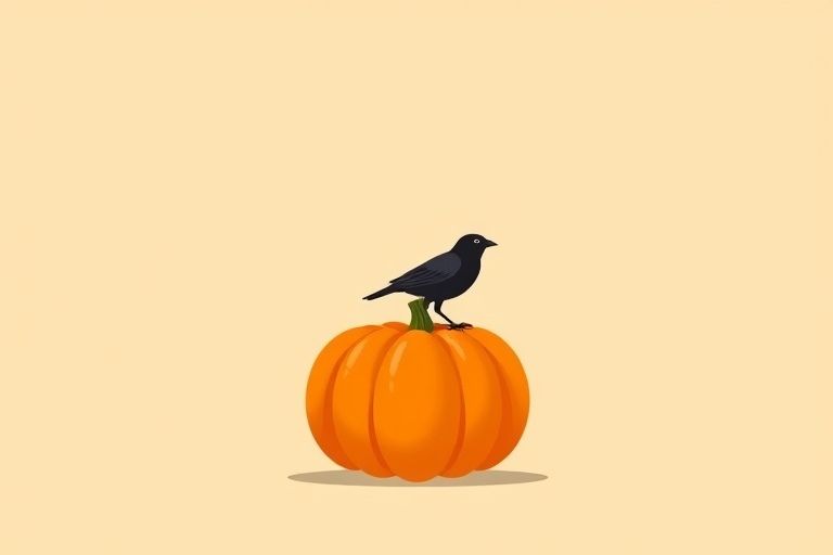 Create a minimalist illustration of a black bird perched on a bright orange pumpkin against a soft beige background, capturing the essence of autumn with a focus on clean lines and vibrant colors, using a DSLR camera, 50mm lens, f/2.8 aperture, ISO 100, shot from a top-down view, in high resolution for crisp detail.