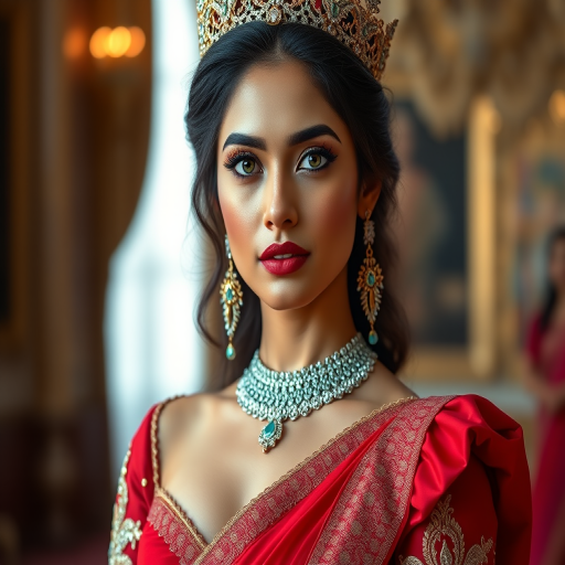 A gorgeous Nepali woman in a luxurious red gown, accessorized with a dazzling tiara and statement earrings, her deep cyan eyes highlighted by impeccable makeup, poised in a royal setting, photorealistic, 8K quality