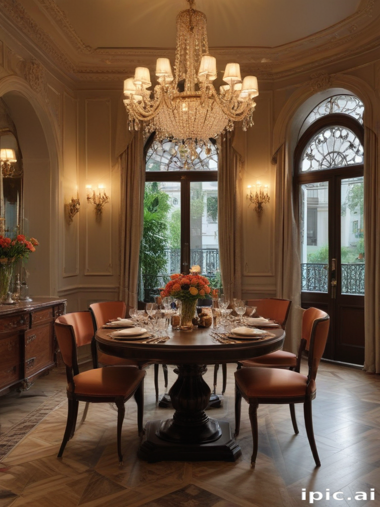 Elegant Dining Room with Crystal Chandelier and Beautiful Floral ...