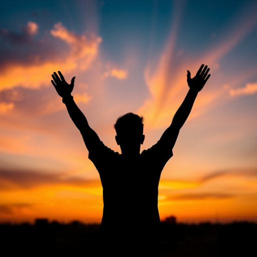 Generate a high-resolution image of a silhouette of a person standing with arms raised against a sunset, using a DSLR camera with a 50mm lens, aperture set to f/1.8, ISO 100, at a low angle view to capture the vibrant colors of the sky.