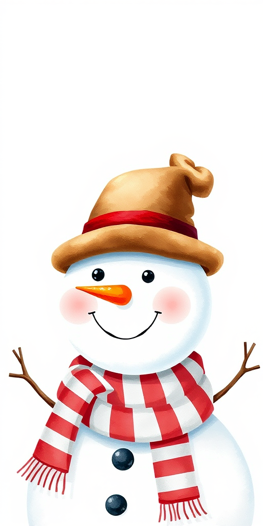 Create a high-resolution watercolor illustration of a cheerful snowman wearing a brown hat and a red and white striped scarf, set against a soft white background, captured with a DSLR camera at f/2.8 aperture, 50mm lens, and natural soft lighting.