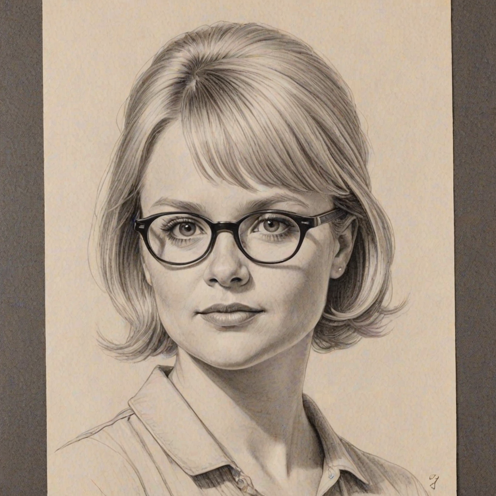 Fascinating Lauren Potter, pencil sketch, portrait of Wonderful woman 1964s in glasses, hair style beatnik, outline, clear lines, fine lines, 8k