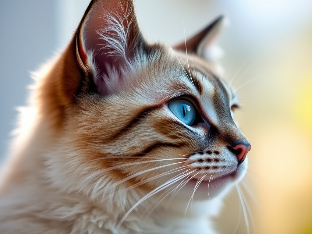 capture a close-up profile shot of a cat with striking blue eyes in natural lighting, aperture f/2.8, shutter speed 1/200s, ISO 200, use a DSLR camera, shallow depth of field for a blurred background