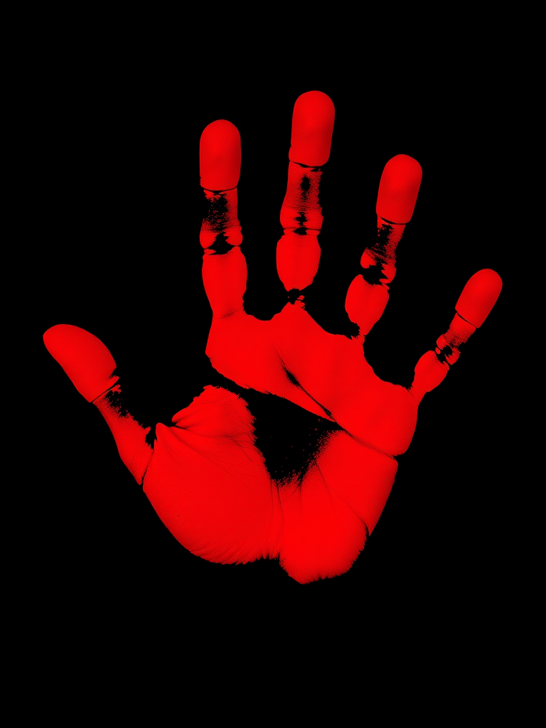 Create a vivid and high-resolution image of a red handprint on a black background, using a DSLR camera with a 50mm lens, aperture set to f/2.8, ISO 100, and shot in natural light for optimal clarity and detail.