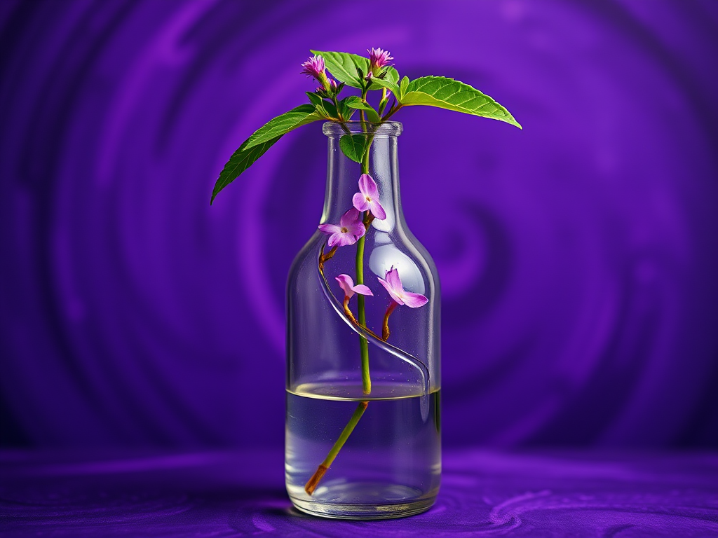 Create an image of a glass bottle containing a vibrant plant with purple flowers, set against a dramatic purple swirl background, using a DSLR camera with a 50mm lens, aperture f/1.8, ISO 100, and a shallow depth of field to enhance the focus on the bottle and plant.