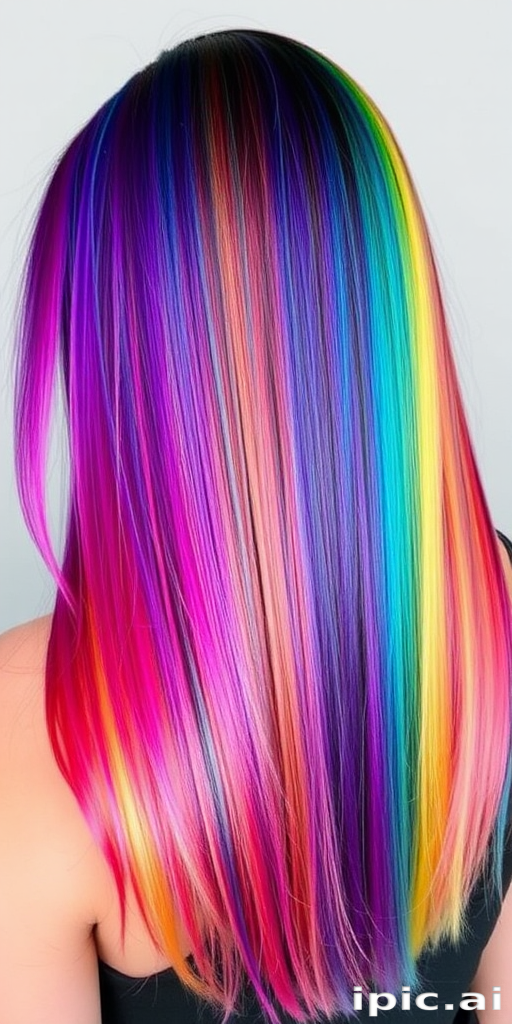 Mesmerizing rainbow hair in the "Prism Power" design showcases a seamless blend of vibrant hues in a sleek, straight style