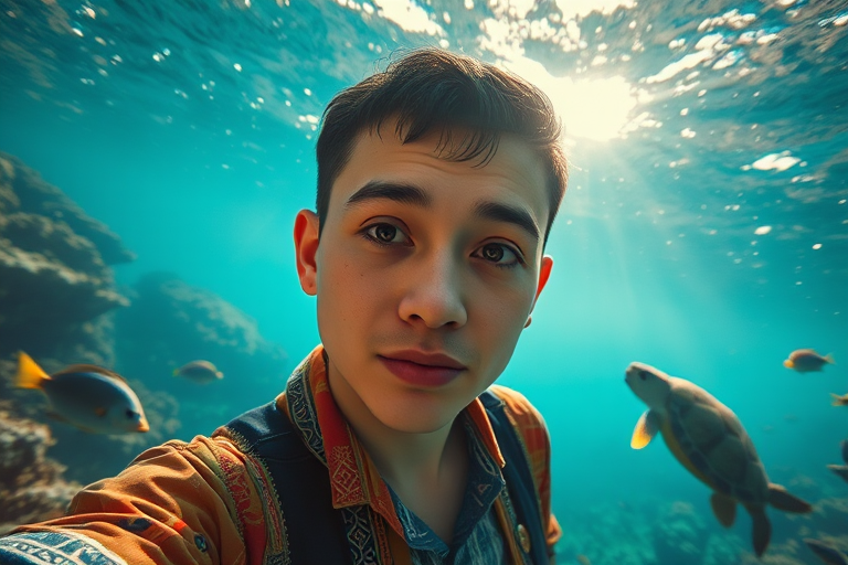 Realistic selfie image of a Kyrgyz, wearing a vintage outfit, detailed dreamy eyes, droopy hooded eyes, staring at the camera, taken underwater at coral reef with a sunbeam filtering through the water, vibrant, summer vacation, natural lighting, turtle and school of tropical fish with vibrant colors, rendered in the style of CryEngine, Pegi Nicol MacLeod, with realistic genre scenes, hauntingly beautiful narratives, ultra-realism, and Thomas Saliot's close-up technique, 8K resolution, crystal clear and sparkling water.
