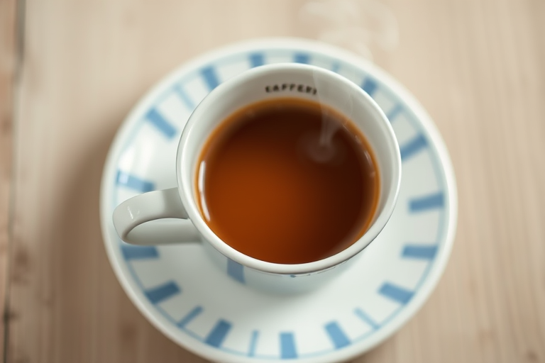 Generate a high-resolution image of a white coffee cup with blue stripes, filled with steaming coffee, on a matching saucer, using a DSLR camera with a 50mm lens, f/1.8 aperture, 1/100 sec shutter speed, ISO 200, overhead view with soft, diffused lighting.