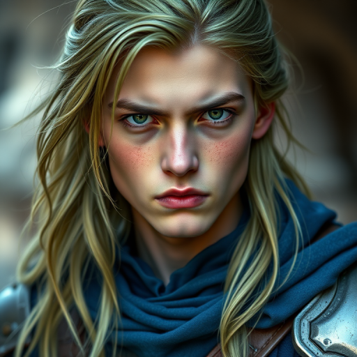 Create a high-resolution portrait of a young man with long green hair and a serious expression, wearing a blue outfit and armor, shot with a Canon EOS R5, 85mm lens, aperture f/1.8, ISO 100, natural lighting, focused on the face.