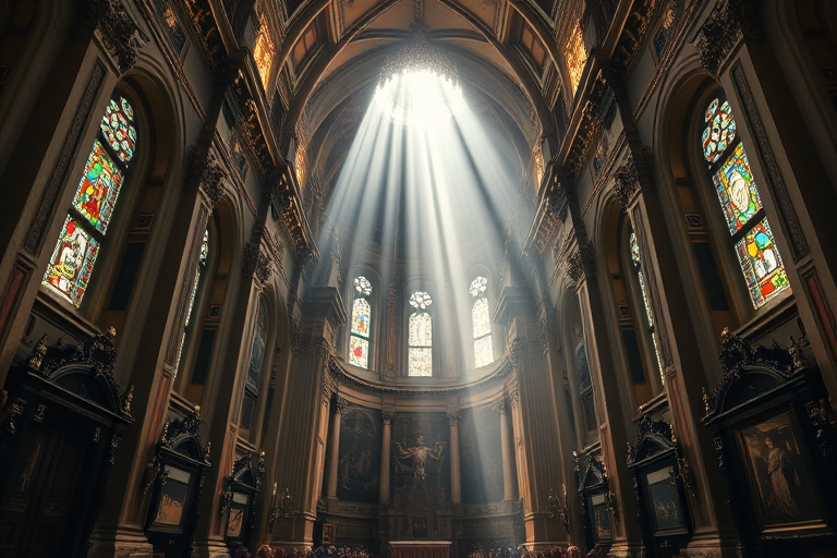 interior of a historic church with ornate decorations and soft sunlight streaming through stained glass windows, wide-angle view, high dynamic range, f/8 aperture, ISO 100, 24mm lens, DSLR camera, natural lighting