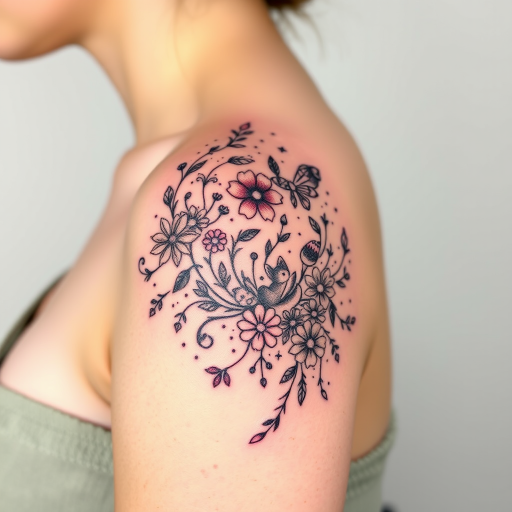 Whimsical dot work tattoo titled "Enchanted Garden" showcasing intricate floral patterns and tiny woodland creatures hidden within the design, creating a dreamlike and ethereal atmosphere on the shoulder blade