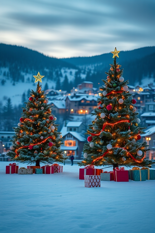 Create a winter landscape scene featuring two decorated Christmas trees surrounded by snow and presents, with a cozy village in the background illuminated by warm lights at twilight, shot with a DSLR camera using a 24mm lens, aperture f/8, ISO 200, and a long exposure to capture the serene atmosphere.