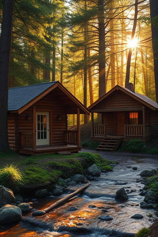 Create an enchanting forest scene featuring two cozy wooden cabins near a serene stream, surrounded by lush greenery and dappled sunlight, photographed with a Canon EOS 5D Mark IV, 24mm lens, f/8 aperture, ISO 100, 1/125s shutter speed, capturing a warm, inviting atmosphere in the golden hour.