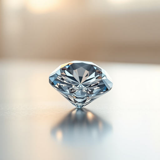 Create a high-resolution 3D rendering of a diamond on a smooth surface with soft lighting, using a Canon EOS R5 camera with an EF 50mm f/1.2L lens at f/2.8, 1/125 sec shutter speed, and ISO 100 to capture intricate details and reflections.