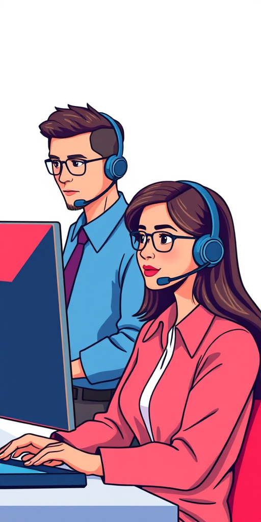Create a digital illustration of a customer support scenario, featuring a support representative with a headset and a computer on the left side, and a customer with a headset on the right side, use a clean background, vibrant colors, sharp lines, and high contrast lighting, simulate a professional look, capture with a Canon EOS 5D Mark IV using a 50mm lens at f/1.8, ISO 100, and 1/200s exposure.