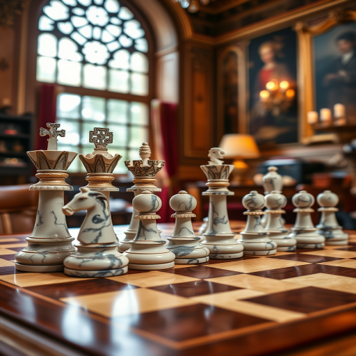 Create an image of an ornate chess set featuring intricately designed pieces made of polished marble, displayed on a beautifully crafted wooden chessboard in a warmly lit room with rich decor and large windows; use a DSLR camera with a 50mm f/1.8 lens, aperture set to f/2.8 for a shallow depth of field, ISO 100 for clarity, and a slight vignette to enhance focus on the chess pieces.