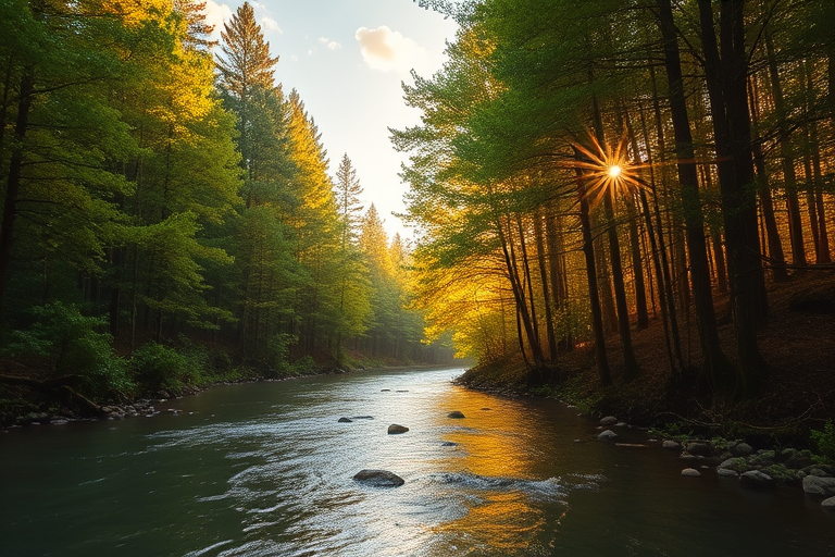 Create an image of a serene, sunlit forest scene with a clear, gently flowing river. Tall trees with lush green foliage line both sides of the river, their leaves bathed in the warm golden light of the setting or rising sun. The sunlight filters through the trees, casting soft, dappled light on the river, which flows over smooth rocks and pebbles, creating a peaceful, natural atmosphere. The sky is bright with a few scattered clouds, and the overall mood is tranquil, evoking a deep sense of connection with nature. The image captures the beauty of a calm, pristine forest landscape at either dawn or dusk.