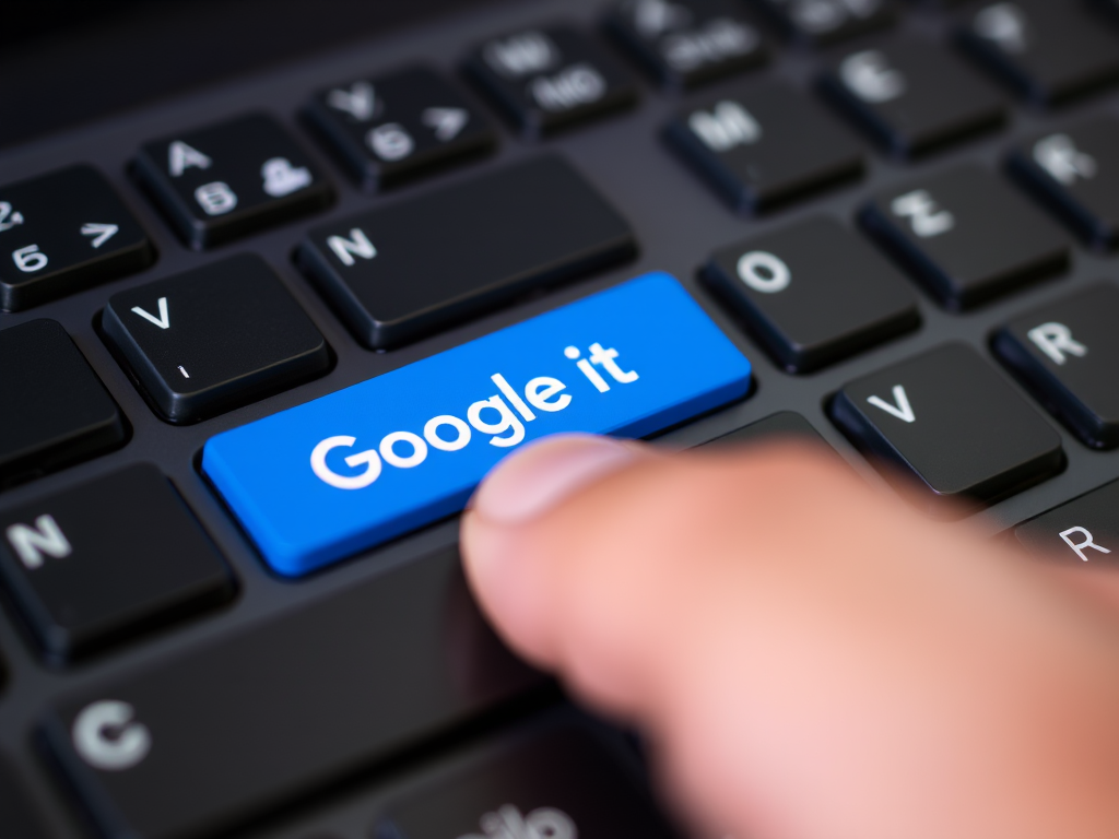 Close-up of a computer keyboard with a prominent blue button labeled Google It, focus on the button with a hand pressing it, aperture f/2.8, ISO 100, 50mm lens, shallow depth of field, soft background blur, taken with a DSLR camera.
