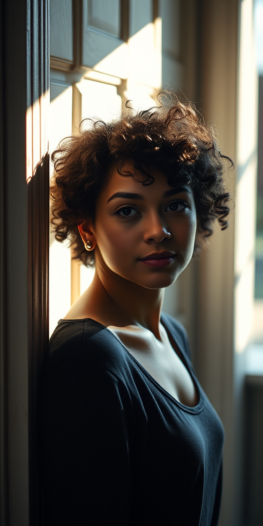 portrait of a person with short curly hair softly leaning against a doorway with natural light casting dramatic shadows, aperture f/2.8, shutter speed 1/125s, ISO 200, 50mm lens, taken with a full-frame DSLR, soft focus background, capturing intimate mood and warm tones