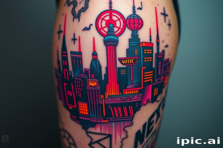 Cyberpunk-inspired tattoo called "Neon Nexus" depicting a futuristic cityscape with glowing neon accents and holographic elements, combining bold linework with subtle color gradients
