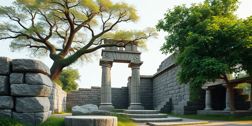 Create a detailed 3D render of an ancient stone ruin surrounded by a lush tree, using a Canon EOS R5 with a 24-70mm f/2.8 lens, aperture set to f/8, ISO 100, and a focal length of 35mm, ensuring a mid-angle view and realistic lighting effects to enhance texture and depth.