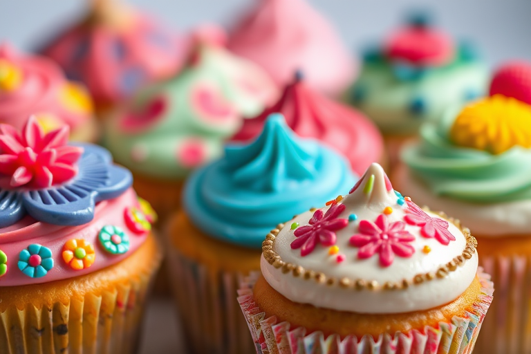 colorful cupcakes with intricate patterns and designs, high resolution, macro lens, 50mm f/1.4, soft focus background, vibrant colors, studio lighting
