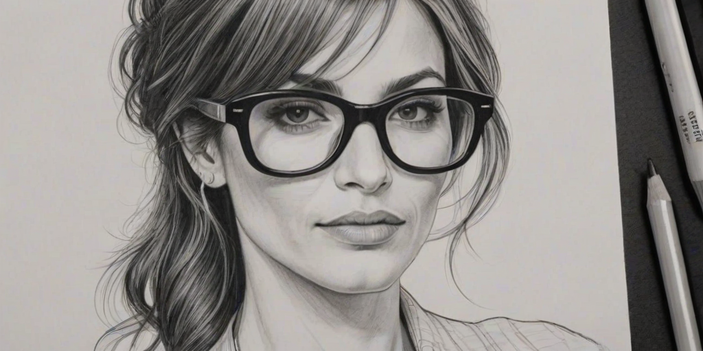 Sublime Gina Gershon, pencil sketch, portrait of Ravishing woman 1973s in glasses, hair style beatnik, outline, clear lines, fine lines, 8k