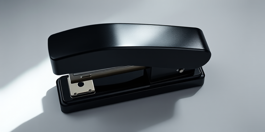 Create an ultra-high-resolution illustration of a modern stapler featuring a sleek black design, soft lighting with shadows for depth, captured from a top-down angle using a DSLR camera at f/2.8, ISO 200, and a shutter speed of 1/60s to enhance image quality.