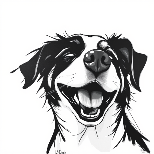 Abstract black and white acrylic portrait of an over exaggerated laughing (dog). Minimalism style. White background.
