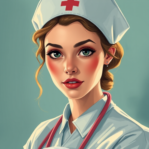 Create a high-resolution digital illustration of a nurse in a vintage style with vibrant colors, using a 50mm lens at f/1.8, ISO 100, natural lighting, shot from a slight low angle to enhance facial features and expressions, in a portrait format.