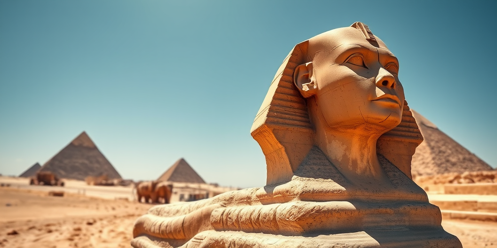 Capture an image of an ancient Egyptian sphinx statue in a clear desert setting, with a focus on intricate facial details and weathered textures, using a DSLR camera at f/8 aperture, 1/200 shutter speed, ISO 100, 24mm focal length, shooting from a low angle to emphasize the statue against the backdrop of pyramids under a bright blue sky.