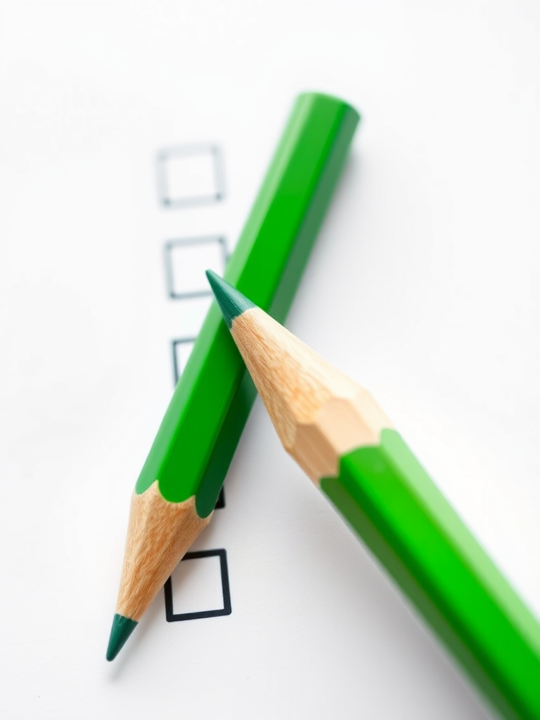 Create a detailed illustration of a large green pencil checking off items on a checklist, with three boxes and two checks visible, using a soft focus effect, ISO 100, f/4 aperture, 50mm lens, and a clean white background to enhance clarity and contrast.