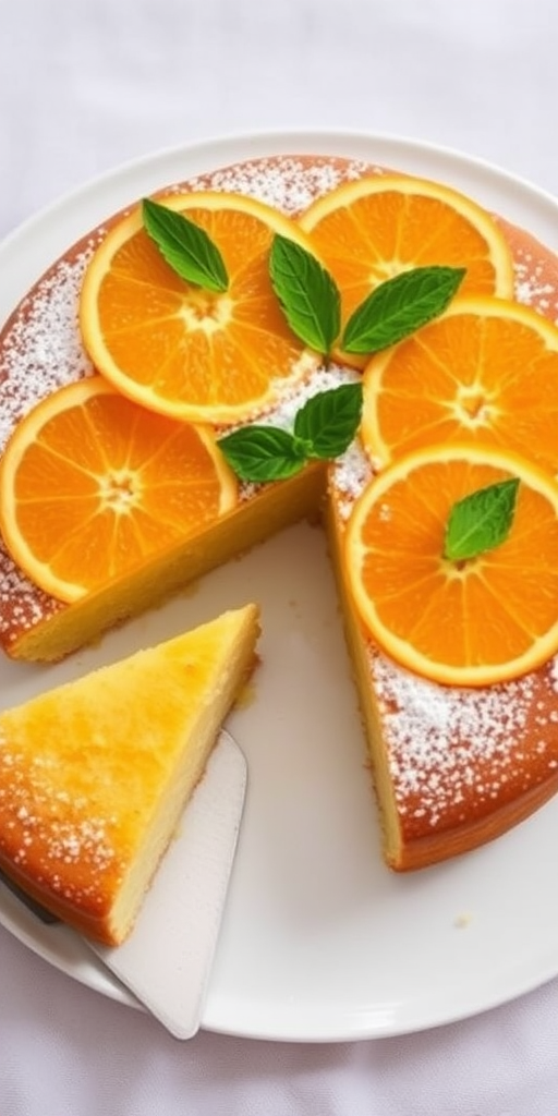 A round orange cake topped with fresh orange slices and mint leaves, dusted with powdered sugar, with a slice cut out and a cake server beside it on a white plate, with a soft background.