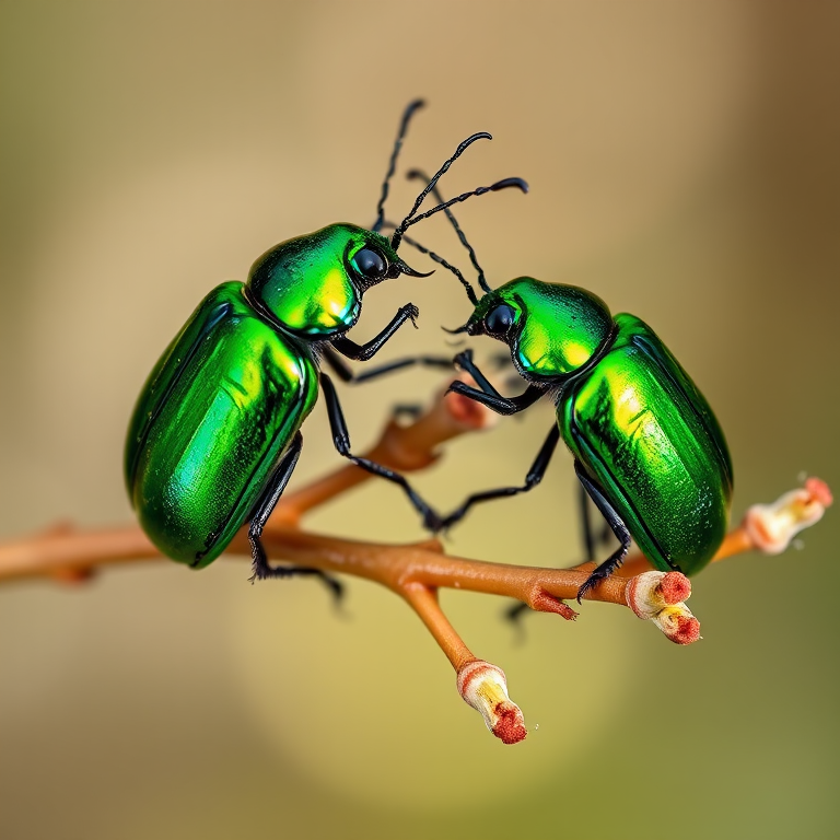 macro shot of two shiny green beetles on delicate branches with soft bokeh background, aperture f/2.8, shutter speed 1/200s, ISO 100, 100mm macro lens, natural light, DSLR camera