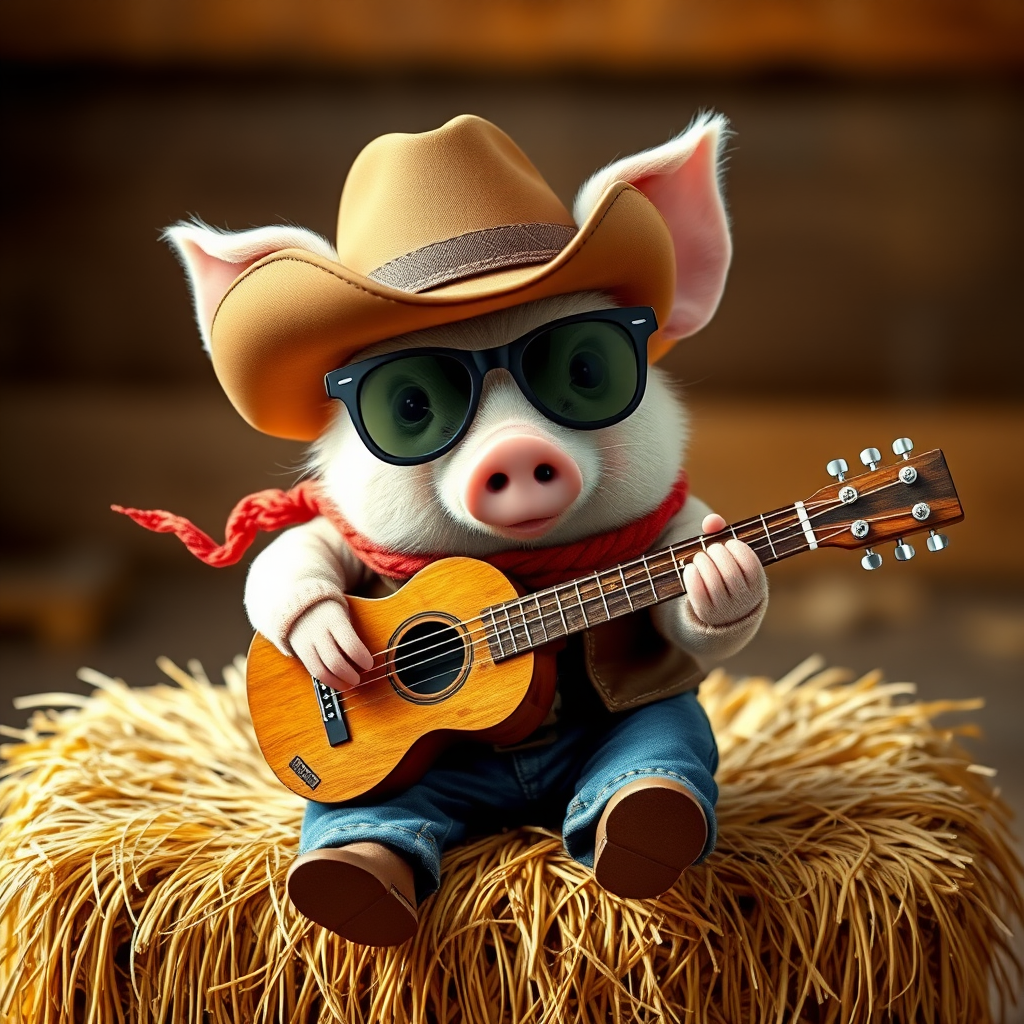 A chibi pig, dressed as a cowboy, playing guitar, sitting on a hay bale