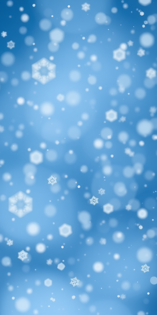 Generate a winter scene with a blue background filled with falling snowflakes of various sizes, capturing the essence of a snowy day, using a DSLR camera, 50mm lens, f/2.8 aperture, ISO 100, and a shutter speed of 1/250 seconds.