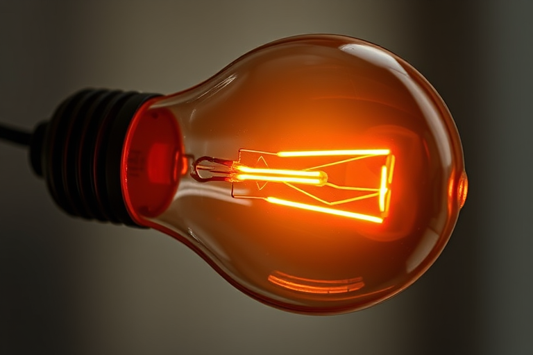 Create an image of a glowing light bulb with a warm orange filament, using a 50mm lens, aperture f/2.8, shutter speed 1/125s, ISO 100, soft natural lighting, and a shallow depth of field.