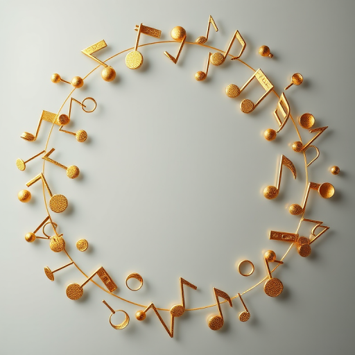 Create a circular frame made of golden musical notes on a transparent background, shot with a Canon EOS R5 at f/2.8, ISO 100, 50mm lens, in a macro view with soft lighting to enhance details and vibrancy.