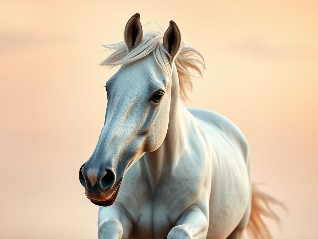 Capture a high-resolution image of a majestic white horse galloping towards the viewer, with flowing mane and a soft pastel background, using a DSLR camera with a 50mm lens, aperture set to f/1.8, shutter speed at 1/500 sec, and ISO 200 for enhanced clarity and detail.