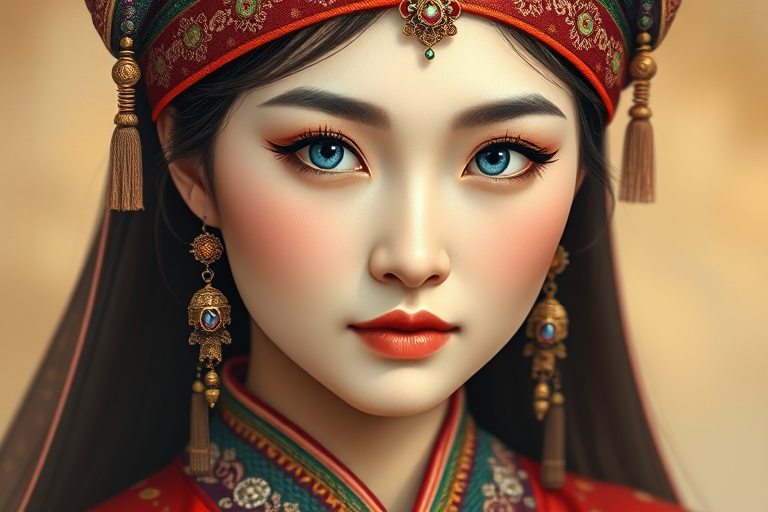 Create a portrait of a beautiful Manchu woman with striking blue eyes and a gentle expression. She is adorned in traditional attire with intricate patterns, including a richly embroidered headscarf and matching garments. Her jewelry includes a delicate headpiece, dangling earrings, and ornate bracelets, all featuring vibrant gemstones and detailed metalwork. The background is soft and warm, enhancing the rich colors of her outfit and jewelry.