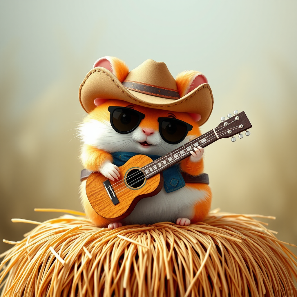 A chibi hamster, dressed as a cowboy, playing guitar, sitting on a hay bale