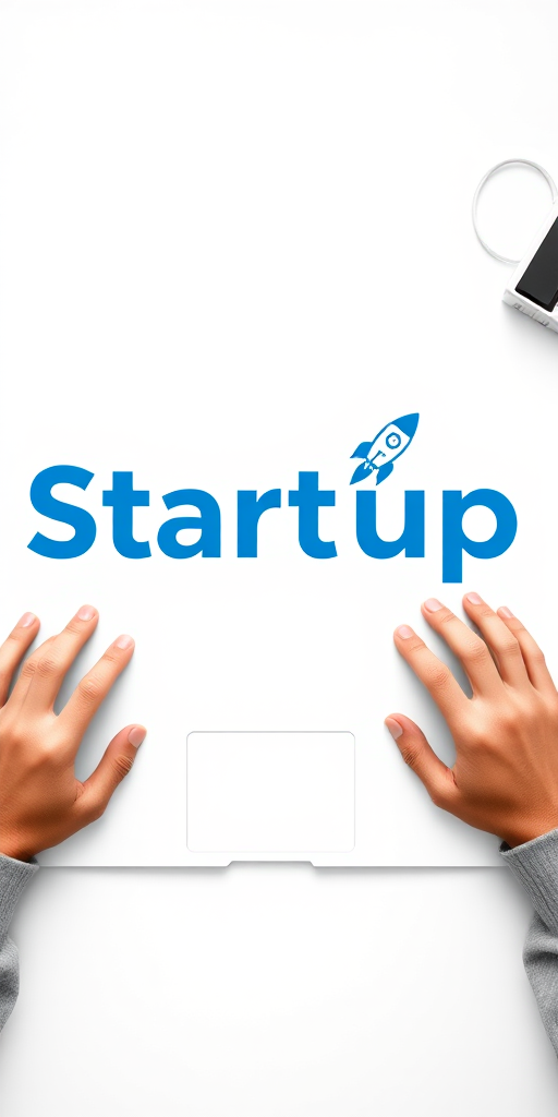 A flat lay shot of a laptop and hands typing on it, featuring the word "Startup" in bold blue letters, with a rocket graphic next to it, taken with a Canon EOS R5 camera, 50mm lens, f/1.8 aperture, ISO 100, and natural light for enhanced clarity and detail.