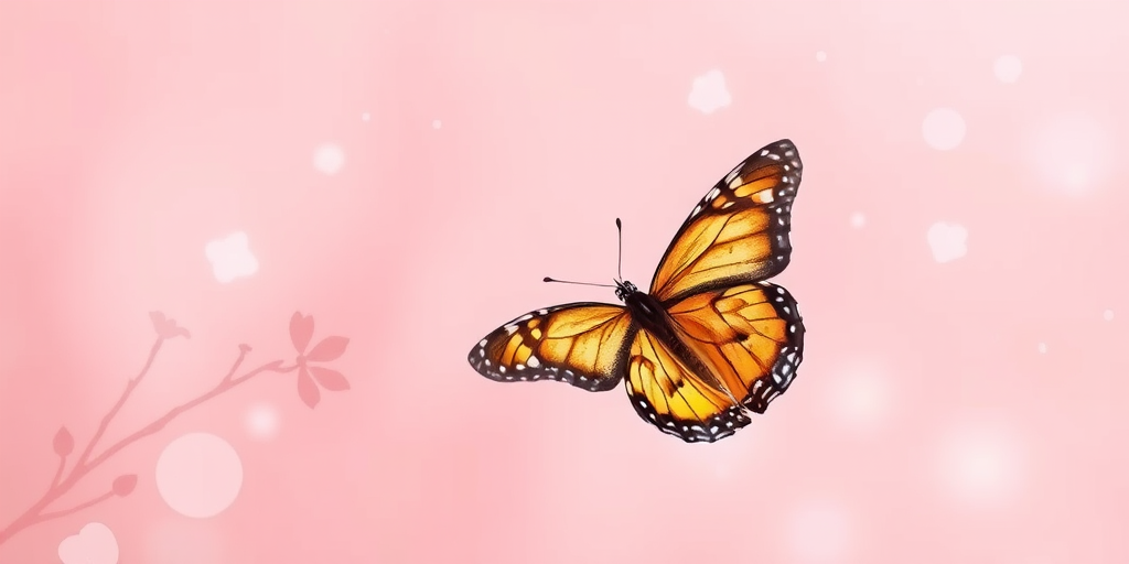 Create a high-resolution digital artwork featuring a delicate pink background with subtle floral patterns and a prominent butterfly in the foreground, captured with a DSLR camera at f/2.8, ISO 100, 50mm lens, shot from a slightly tilted top-down view to create depth, using a soft focus style for an ethereal effect.