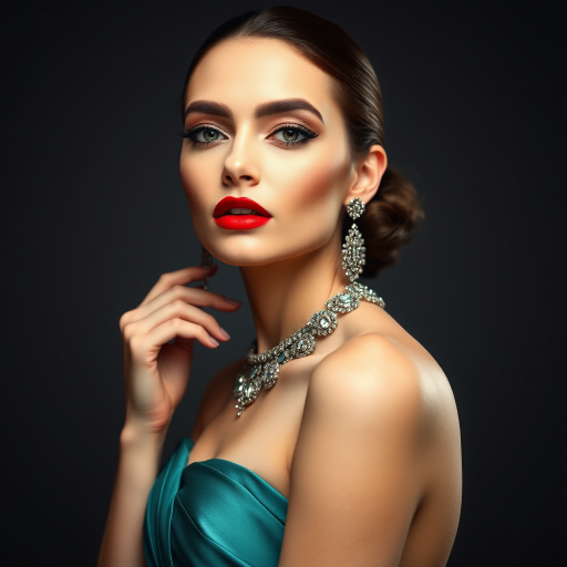 Studio portrait, female model, elegant couture dress, bold makeup, dramatic lighting, Shoot over the shoulder using a telephoto lens to focus on small details like jewelry, makeup, or fabric textures
